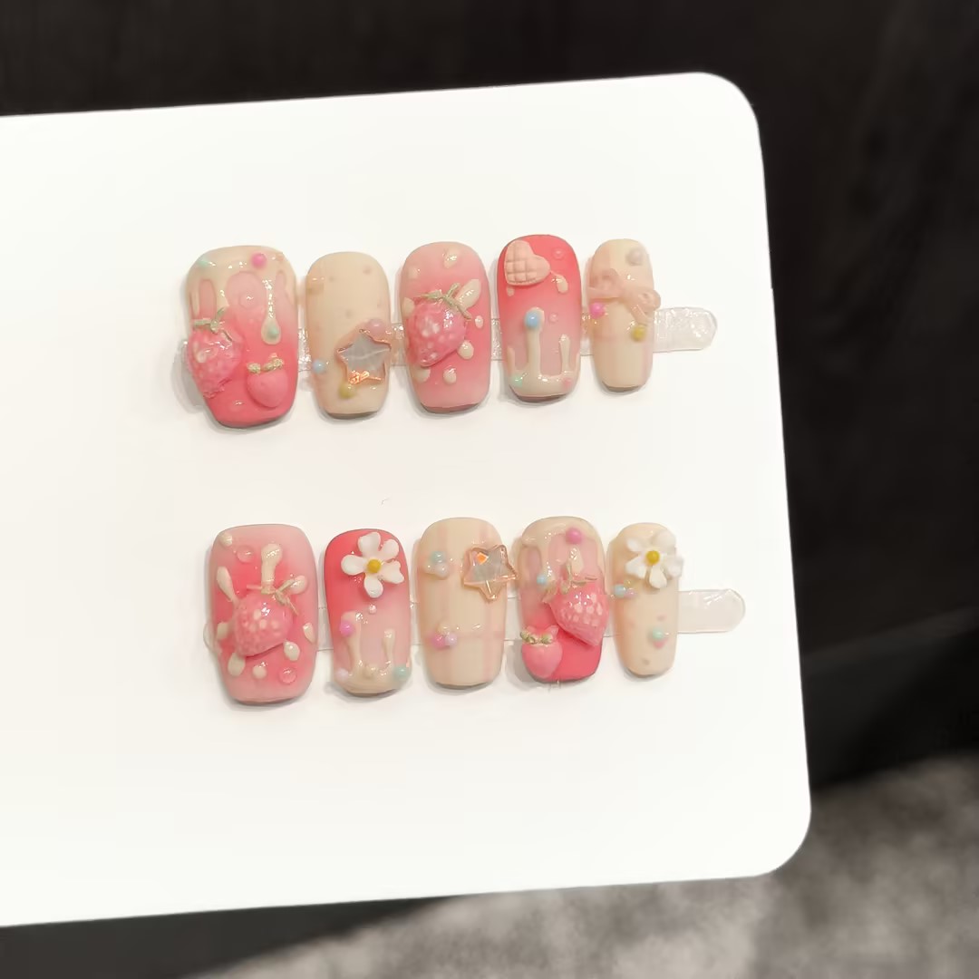Pressed Flower Art - 10 قطع من الأظافر الاصطناعية المربعة