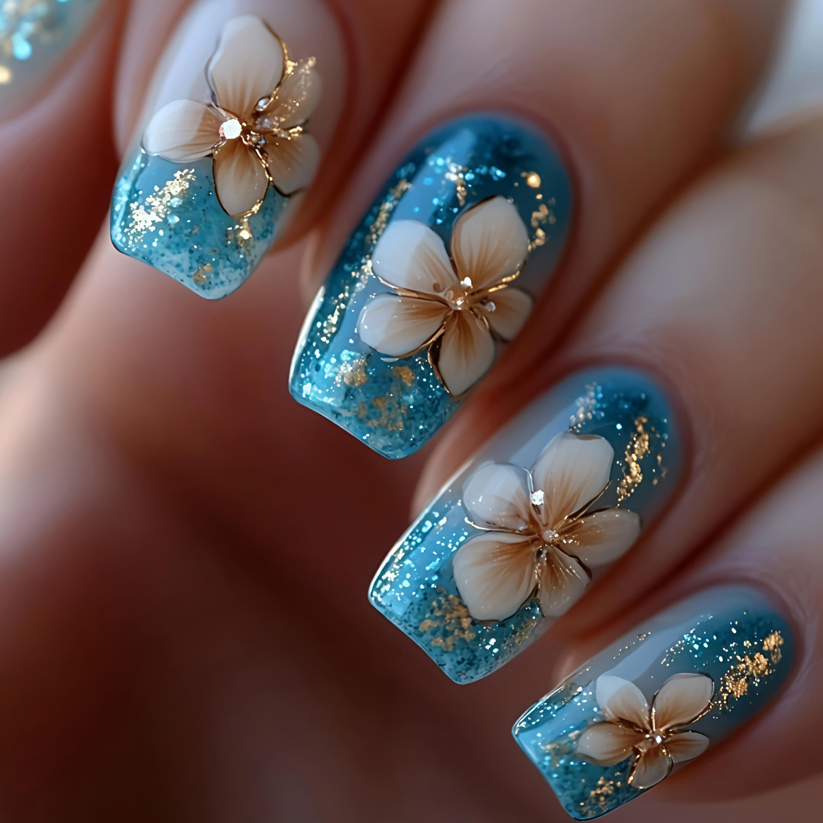 Pressed Flower Art - 24 قطعة/sest أظافر صناعية قصيرة متوسطة